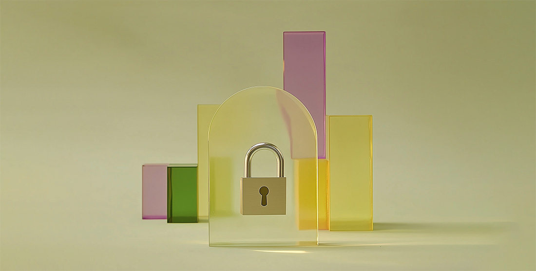 Colored shapes with lock on beige background