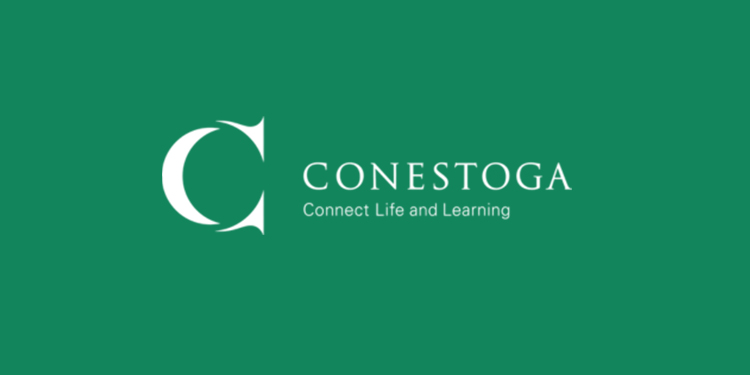 Conestoga College logo on dark green background Queue-it success story