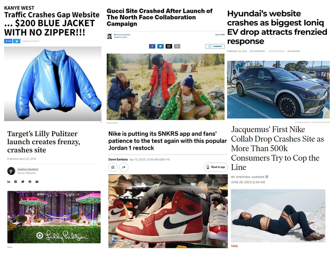 6 screenshots of articles about websites crashing due to product drop demand