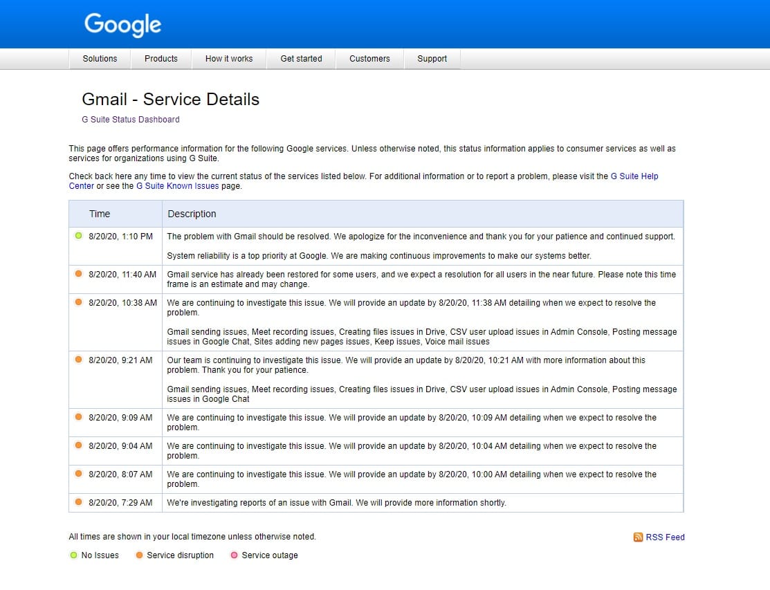 Gmail status page